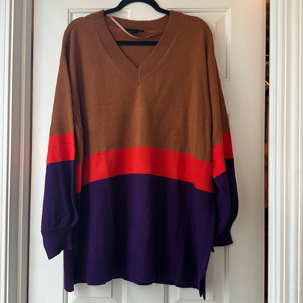 Lane Bryant Color Block V-Neck Sweater in Red, Brown, and Purple